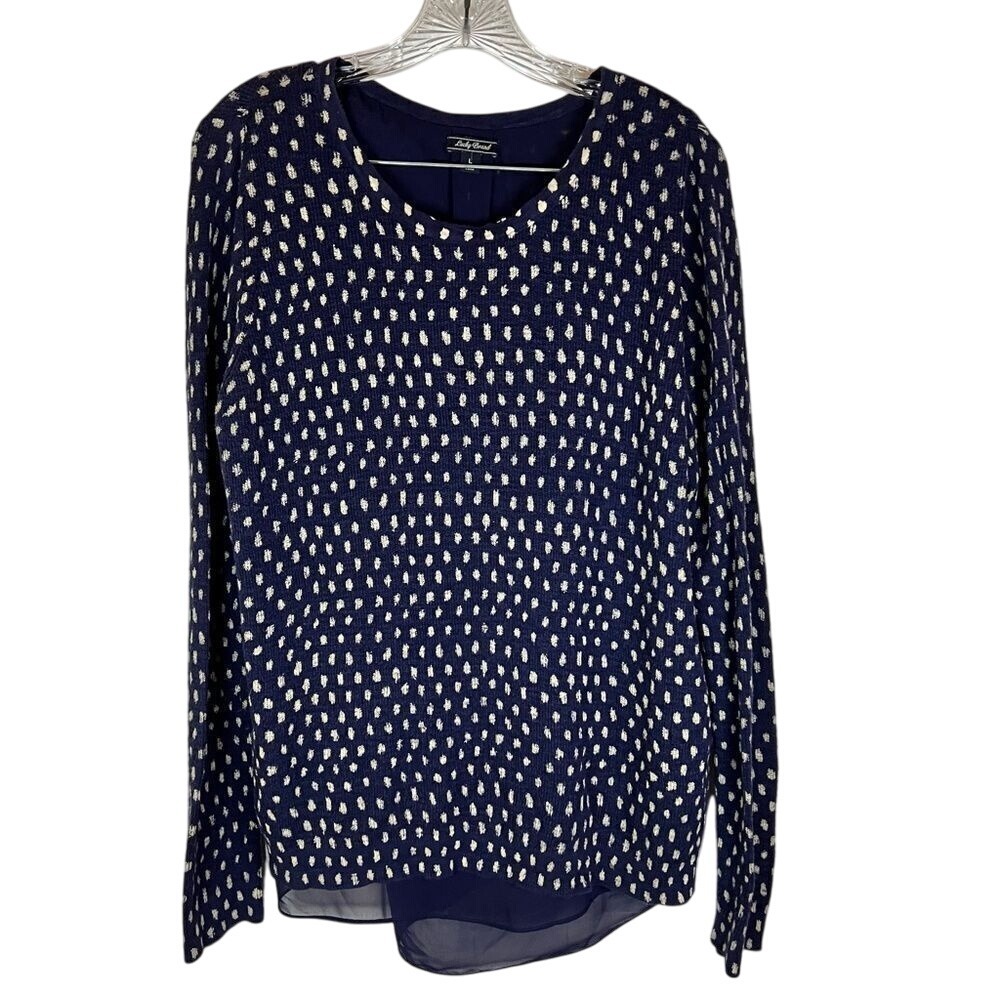 Lucky Brand Navy Blue‎ and Gold Printed Lined Split Back Knit Top Size Large